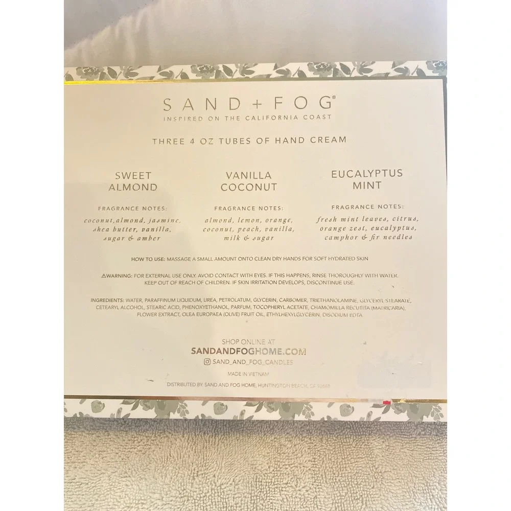 Sand + Fog Hand Cream Trio Gift Set Sweet Almond Vanilla Coconut Eucalyptus Mint